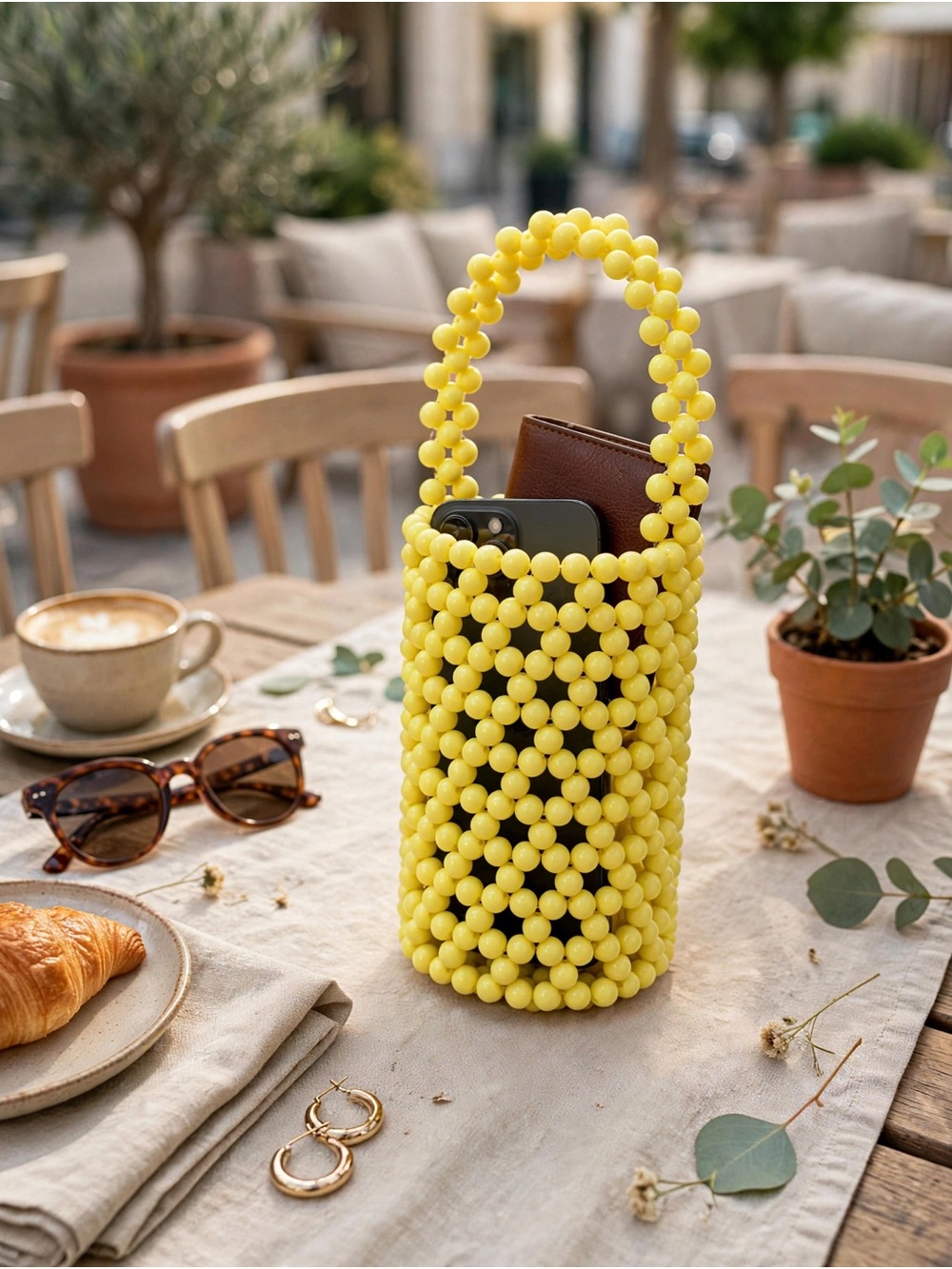 Yellow Beaded Bag with Top Handle